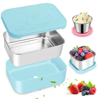 Hydream 3 Stück Edelstahl Bento Box Lunchbox Set, 850ml Auslaufsicher Brotdose für Erwachsene mit Silikondeckel und Schutzhülle, Klein Metall Brotzeitdose Lunch-Boxen, Saucenbecher Snackbehältern-Blau