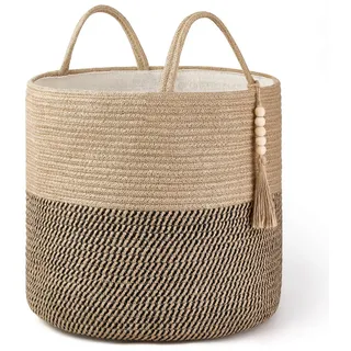 Mkono Gewebter Aufbewahrungskorb, dekorativer Seilkorb, Holzperlen-Dekoration für Decken, Spielzeug, Kleidung, Schuhe, Pflanzen-Organizer mit Griffen, Wohnzimmer, Heimdekoration, Gelb und Schwarz,