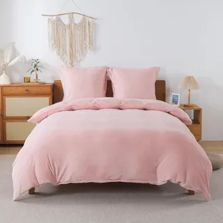 WUMIUER Plüsch Bettwäsche 240x220 cm 3tlg Set Rosa, Winter Biber Warm Flauschig Bettbezug und 2 Kissenbezüge 80x80cm, Kuschelig Weich Cashmere Touch Flanell Fleece Bettdeckenbezug Bettdecke Cover