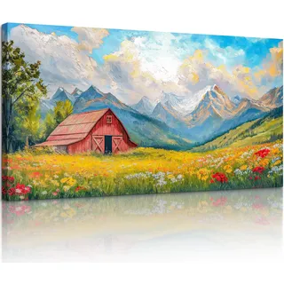 MHARTK66 Ländliche Landschaft Leinwandbild, 59x119 cm XXL Wandbilder Rotes Scheune & Bunte Blumenwiese Wohnzimmer Bilder Aesthetic, Natur Wanddeko Kunstdruck Schlafzimmer Esszimmer Flur Büro
