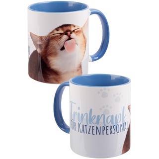 Katzen Tasse - Trinknapf für Katzenpersonal - Katze Kaffeetasse Becher Kaffeebecher aus Keramik Blau Weiß 320 ml