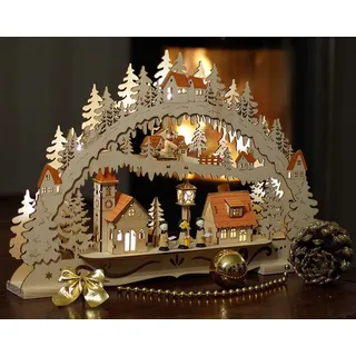 Wichtelstube-Kollektion Holzkunst LED Schwibbogen Kurrenden Schwippbogen Lichterbogen, Weihnachtsdeko Fensterbank Echtholz, Batteriebetrieben mit Timer, 44cm Breite