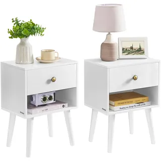 VASAGLE Nachttisch, Beistelltisch mit Schublade und offener Ablage, Holzbeine, Couchtisch für Wohnzimmer, Schlafzimmer, Sofa, schneeweiß LET655W01