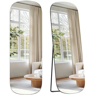 Boxxx Standspiegel , Schwarz , Metall, Glas, Holzwerkstoff , oval , 50x160x37 cm , Facettenschliff, Ganzkörperspiegel , Garderobe, Garderobenspiegel