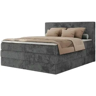 MKS Meble Boxspringbett 200x200 Grau Cord, Boxspringbett mit Matratze H4, Bett 200x200 mit Bettkasten and Kopfteil, Doppelbett mit Stauraum, Polsterbett 200x200 - Tiliano King - Grau