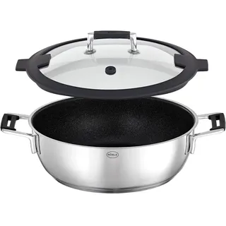 RÖSLE SILENCE PRO ProResist Servierpfanne, Antihaft & Robust - Ø 28 cm, Hitzebeständig bis 160 °C, Keramikversiegelung, silbern, Edelstahl 18/10, spülmaschinengeeignet mit Deckel