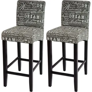 2er-Set Barhocker HWC-C33, Barstuhl Tresenhocker, Holz Schriftzug, grau, dunkle Beine, Stoff/Textil - Grau