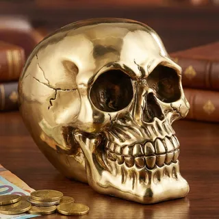 MIJOMA Spardose im Totenkopf-Design – Handbemalte Schädel-Spardose aus Polyresin mit Sicherheits-Schloss – Stilvolle Aufbewahrung für Ersparnisse (mit Gold-Finish)