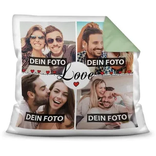 Print Royal Kissen mit Füllung - Fotocollage selbst gestalten mit Spruch - Love - mit Vier eigenen Fotos - Geschenkidee Fotokissen - Farbkissen Rückseite Seegrün