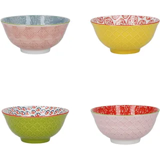 KitchenCraft Gemusterte Müslischale 4er Set in Geschenkbox, Keramikschalen ideal für Eis, Suppe und mehr, 'Brights' Designs, 15cm, Sortiert