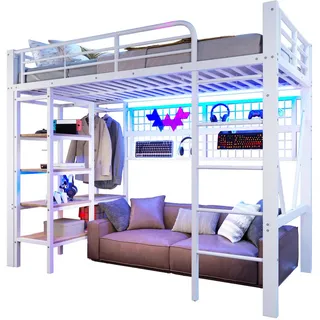 Modfu Hochbett aus Metall und MDF 90x200 cm in Weiß mit LED & Ablagefach , 90x200 cm , Babymöbel & Kindermöbel, Kinderzimmer & Jugendzimmer, Kinderbetten, Hochbetten