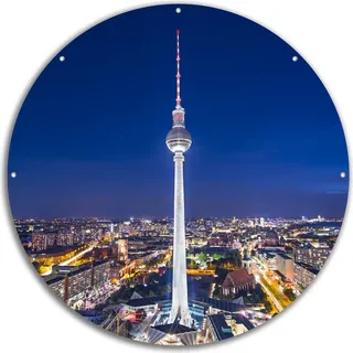 Wallario rundes Outdoor-Poster für Garten oder Balkon, Motiv Fernsehturm Berlin bei Nacht, 60 cm Durchmesser - Blau