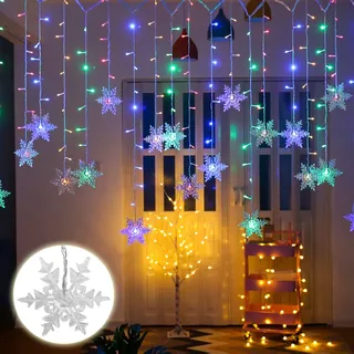 Schneeflocke Lichterkette 94LEDs Lichtervorhang Bunt Innen 8 Modi IP44 Deko Für Weihnachten Fenster Balkon Garten Party - Bunt