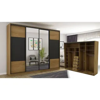 Großer Schiebeschrank 4D/300, 300x244 cm, Spiegeltüren, Verstellbare Füße Großer Schiebeschrank 4D/300 in Nussbaum Okapi mit Premium Beschlägen - Silber