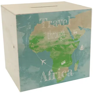 Spardose aus Holz mit Afrika Karte und Spruch - travel Through Afrika als Geschenk für Urlauber die durch Afrika Reisen wollen und Geld für den Flug und die Unterkunft brauchen