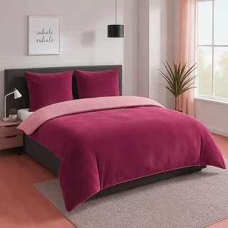 Heimtexland Teddy Flanell Wende Bettwäsche Set I Winter Bettbezug I kuschelig weich und warm I 2 Kopfkissen 80x80 I Bettdecke 200x200 I Cashmere Touch Geschenkidee Weihnachten Typ751 Malve - Dunkelrosa