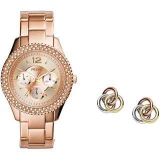 Fossil Damen Analog Quarz Uhr mit Edelstahl Armband ES3590 + Damen Ohrstecker Tri-Tone Circle