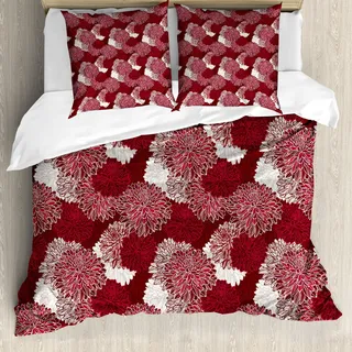 ABAKUHAUS Rot und weiß Bettbezug, Chrysanthemen, Milbensicher Allergiker geeignet mit Kissenbezügen, 200 cm x 200 cm - 80 x 80 cm, Maroon Weiß