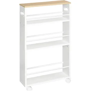 HOOBRO Schmaler Servierwagen mit 4 Ebenen und Rädern, Weiß/Naturholz - Weiß