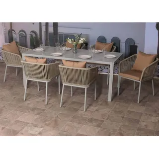 Gartengarnitur HWC-N41, Tisch+6xStuhl, wetterfest Alu 180x80cm, Seilgeflecht Rope grau Kissen taupe - Grau