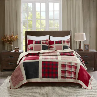 Woolrich Wendbare Steppdecke, Lifestyle-Design für alle Jahreszeiten, atmungsaktive Tagesdecke, passende Kissenbezüge, Übergröße, King/Cal King, Huntington Plaid Rot, 3-teilig