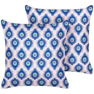 Beliani Outdoor-Kissen 2er-Set Pfauenmuster blau/rosa 45/45 cm Ceriana , Blau , Textil , Füllung: Polyester , Quadratisch , 45x45 cm , Gartenmöbel, Gartenpolster & Auflagen, Gartenkissen