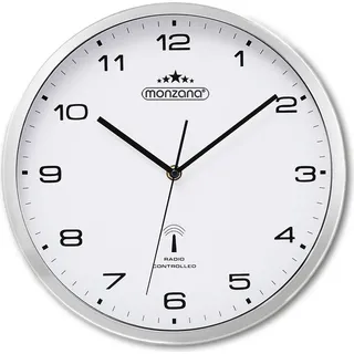monzana Wanduhr Funk Automatische Zeitumstellung Geräuscharm Quarzuhrwerk Analog Funkuhr Uhr Modern Weiß Silber