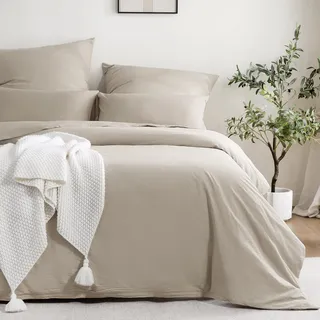 ATsense Bettwäsche 140x200 Baumwolle 2teilig, Stonewashed Bettwäsche-Sets Beige Ähnlich wie Leinen, Oeko-TEX, Hypoallergen und Atmungsaktiv, 1 Bettbezug und 1 Kissenbezug 70x90