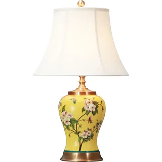 Fine Asianliving Chinesische Tischlampe Porzellan mit Lampenschirm E27 Orientalische Tischleuchte Keramik Nachttischlampen Schlafzimmer Wohnzimmer - Gelb