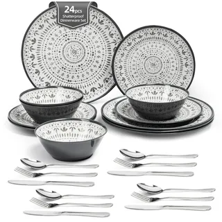 La Joventino 24PCS Melamin Geschirrset Campinggeschirr für 4 Personen, Teller Set & Tafelservice - für unterwegs & Outdoor