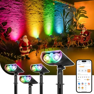Linkind SL5 Smart Solar Gartenstrahler 4er Set, Musik Sync, Rotlichtalarm, Bluetooth APP Gruppensteuerung, RGBW 16 Mio. Farben IP65 Außenleuchte mit Bewegungsmelder für Garten Terrasse Weg Sicherheit
