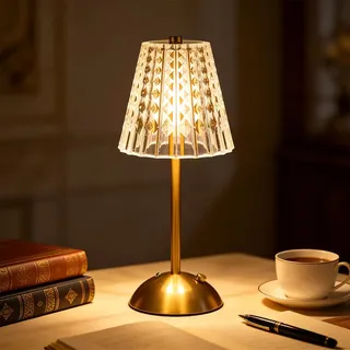 Wxeadu LED Tischlampe Kabellos Vintage, 3 Farben LED Dimmbare Kristall Tischleuchte, 800mah Vintage Schreibtischlampe, Aufladbar Nachttischlampe für Wohnzimmer Schlafzimmer Gaststätte Bar (Gold)