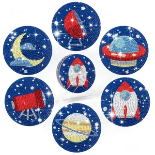 Diamond Painting Untersetzer Gläser 6er Filzuntersetzer Glasuntersetzer Topfuntersetzer Raumschiff Rakete Teleskop Getränkeuntersetzer Tischuntersetzer mit Halter Malen nach Zahlen Kinder Junge