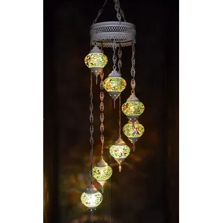 Hanglamp aus grünem Glas mit buntem Mosaik, orientalische Kronleuchterlampe, 7 Glaskugeln, handgemacht in der Türkei - Grün, Bunt