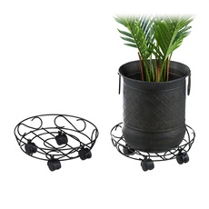 Relaxdays Pflanzenroller, 2er Set, rund, innen & außen, Bremse, Rolluntersetzer für Blumentopf bis 28cm, Metall, schwarz, 2 Stück