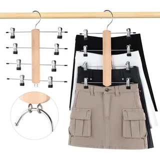 VANZAVANZU Kleiderbügel Platzsparend Rockbügel, 2er Pack 4 Etagen Hosenbügel aus Holz mit Klammern, Montierbarer Kleiderbügel mit Klammern mit 360° Drehbarem Haken, Vielseitige Kleiderbuegel