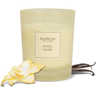 Jean & Len Duftkerze Amber & Vanilla, für gemütliche Abende Zuhause, Handgemachte Duftkerze mit herb-zartem Amber & Vanille Duft, Kerze im stylischen Glas, vegan, 120 g