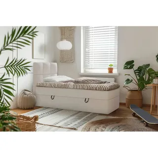 Mid.you Boxbett , Creme , Holz, Textil, Holzwerkstoff , H3 , 90x200 cm , Bettkasten, gepolstertes Kopfteil, Stoffauswahl, Topper durchgehend , Holzmöbel, Holzbetten, Boxspringbetten Holz