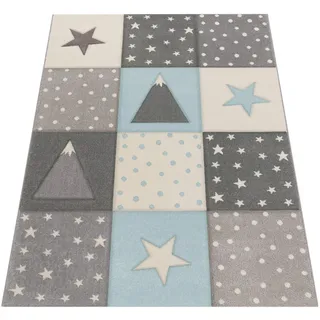 Paco Home Kinderteppich »Cosmo 340« rechteckig 17 mm Höhe Kurzflor, Pastell-Farben, 3D Effekt, Motiv Berge, Punkte & Sterne Blau,