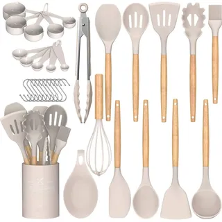 Umite Chef Küchenutensilien-Set, antihaftbeschichtet, Silikon, Küchenutensilien, Spachtel-Set mit Halter, Holzgriff, hitzebeständiges Silikon, 24-teilig