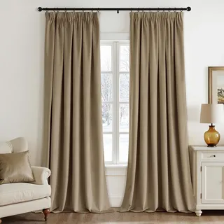 EMEMA Blickdichte Samtvorhang mit Kräuselband H-beige 2er H280xB140cm | Samt Gardinen Deko Blickdichte Vorhänge mit Kräuselband Wohnzimmer Schlafzimmer Verdunkelung Thermovorhang Samt kräuselband