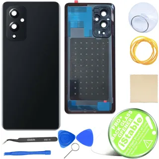iStable Akkudeckel Set für Oneplus 9 Rückseite Glas mit Kamera Linse Deckel Backcover Schwarz