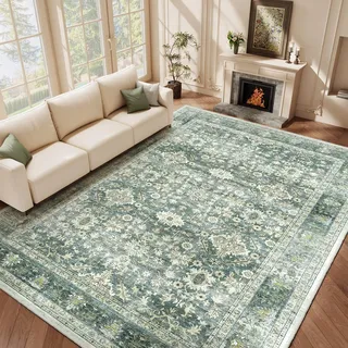 HOMFINE Teppich Wohnzimmer 159x230cm Vintage Waschbar Grün | Großer Waschbarer Kurzflor Teppich mit Blumenmuster, Rutschfest, Weich und ideal für Wohnzimmer, Schlafzimmer und Esszimmer