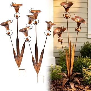 KOBONA DREI Calla Lilien Gartenstecker, 2026 DREI Calla-Lilien Geflammtem Kupfer Skulptur mit Glöckchen, Handgefertigter 61 cm hoher Blumenstecker in rustikaler Kupferoptik for den Garten