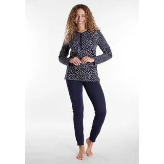 Schlafanzug GÖTZBURG "Marseille", Damen, Gr. 50 (5XL), blau, dunkel, punkte, Single Jersey, Obermaterial: 100% Baumwolle, gepunktet, unifarben, bequem lang, Rundhals, Homewear-Sets Schlafanzug, Langarm, Oberteil gemustert, Rundhalsausschnitt, Baumwolle