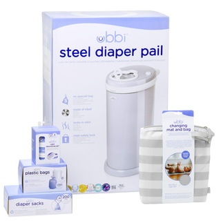 Ubbi Diaper Changing Value Set, Odor Locking Modern Design Baby Accessory Must Have Set Includes Grey Diaper Pail, Diaper Sacks, Odor Absorbing Gel, Travel Chaning Mat and Diaper Pail Waste Bags