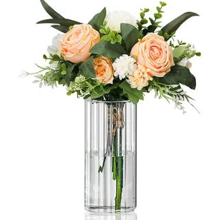 Anquephd 20CM Glasvase mit Holzstopfen - Kristallglas Mini-Vase mit Innenstruktur für Blumen, Tischdeko Hochzeit/Geburtstag/Babyshower - Transparente Blumenvasen & Holzverschluss (20cm)