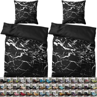 SANILO® Bettwäsche 135x200 cm, 100% feinste Baumwolle, 4-teilig, Bettbezug, Kissenbezug 80x80cm - Marmor Schwarz - Schwarz