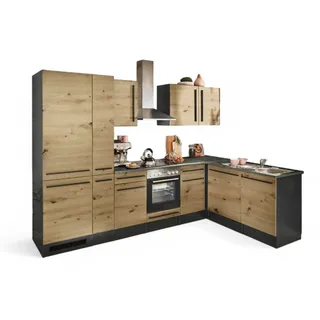 Stella Trading Jazz 8 Moderne Eckküche mit Elektrogeräten in Anthrazit, Artisan Eiche Optik - Geräumige Küchenzeile in L-Form mit viel Stauraum - 310 x 211 x 60 cm (B/H/T)