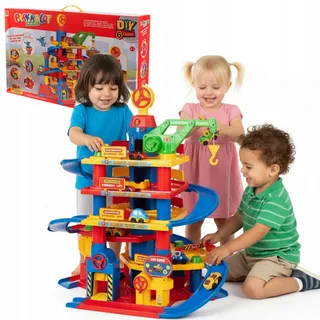 COIL Spiel-Parkgarage, Autogarage, Parkhaus, Tower Garage, Parkgarage, Aufzug, Autowaschanlage, Kran, Autos, 6/7 Etagen, ab 3 Jahren,90 Elemente